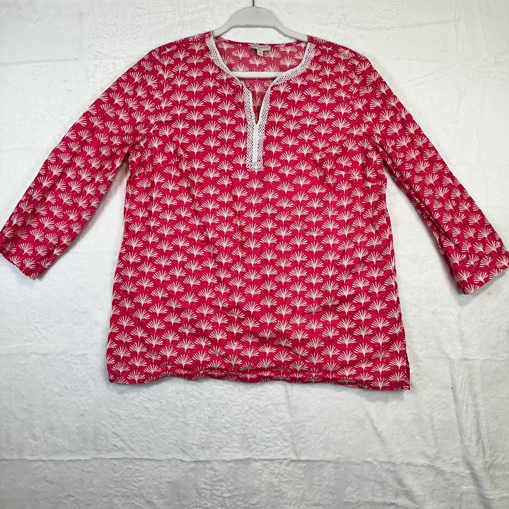 Talbots Tunic Top M Pink Excellent Cotton Lace Trim Fan‎ Print Womens